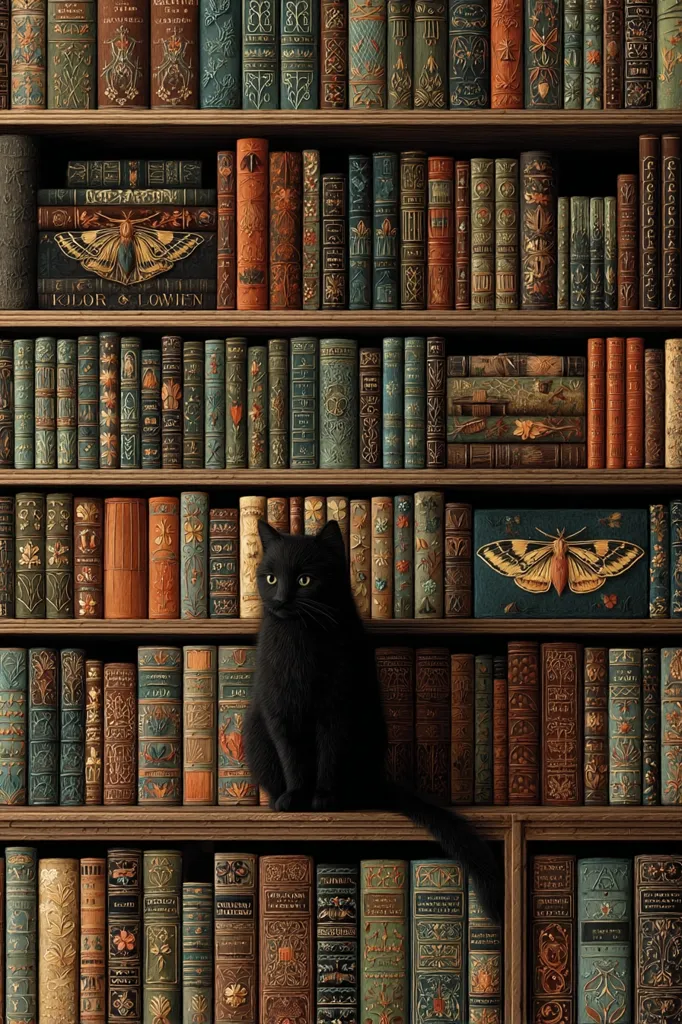 A black cat sits serenely on a well-stocked bookshelf filled with antique books.  The books boast ornate covers with intricate designs and gilded lettering, creating a rich, warm ambiance.  Butterflies and other insect specimens are displayed amongst the volumes, adding to the overall aesthetic of a cozy, scholarly space. The scene evokes a feeling of quiet contemplation and old-world charm.