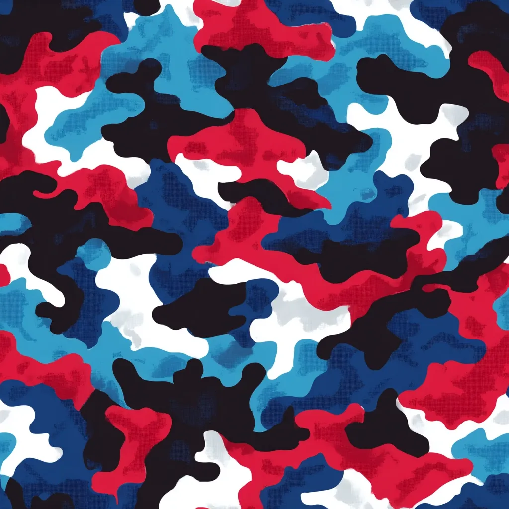 A seamless camouflage pattern in vibrant shades of red, blue, white, and black.  The irregular shapes create a bold, abstract design.  The colors are richly saturated, giving the pattern a modern and energetic feel.  Suitable for textile prints, fashion, or digital designs.