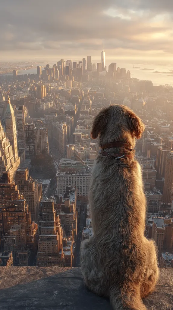 A fluffy, light brown dog sits facing away from the camera, perched on a high vantage point overlooking a sprawling cityscape.  The city stretches out into the distance, bathed in the soft glow of sunrise or sunset.  Tall skyscrapers and buildings fill the frame, creating a dramatic contrast to the peaceful dog in the foreground. The overall mood is serene and contemplative.