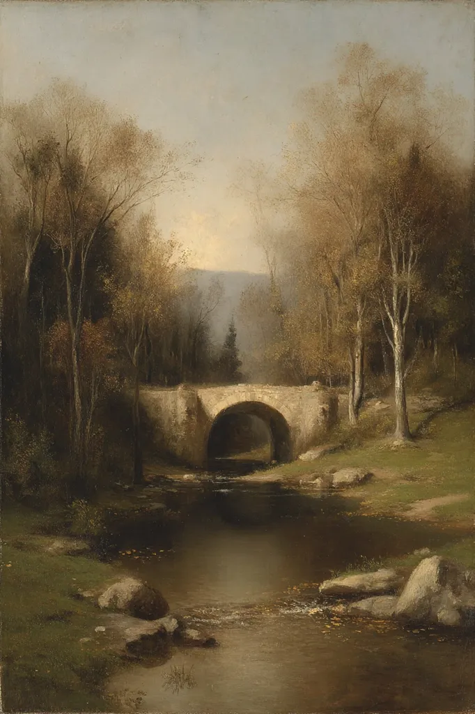 A serene landscape painting depicts a stone arch bridge spanning a calm stream.  Autumnal trees with muted browns and yellows flank the bridge, their branches reaching towards a soft, light sky.  Rocks line the stream's banks, and the overall atmosphere is peaceful and contemplative, suggestive of a quiet autumn day in the countryside.  The muted palette contributes to the tranquil mood.