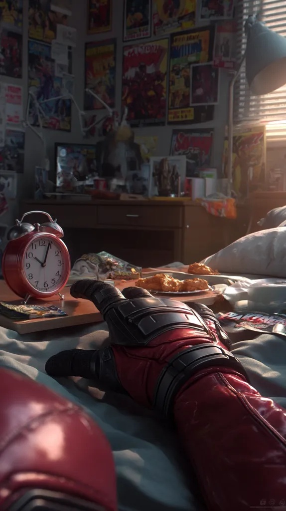 A red-gloved hand rests on a bed, near a red alarm clock showing the time.  The room is a teenager's bedroom, walls adorned with comic book posters and collectibles.  A plate of chicken nuggets sits on the bedside table, suggesting a late-night snack. Sunlight streams through a nearby window. The overall atmosphere is one of relaxed casualness.