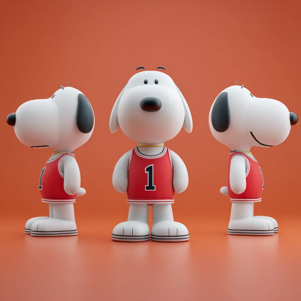 Three stylized Snoopy figures are shown against an orange background.  Each is a slightly different perspective of the same model; a chubby, simplified version of Snoopy wearing a red basketball jersey with the number one. The figures are positioned to showcase the design from the front, left, and right sides.
