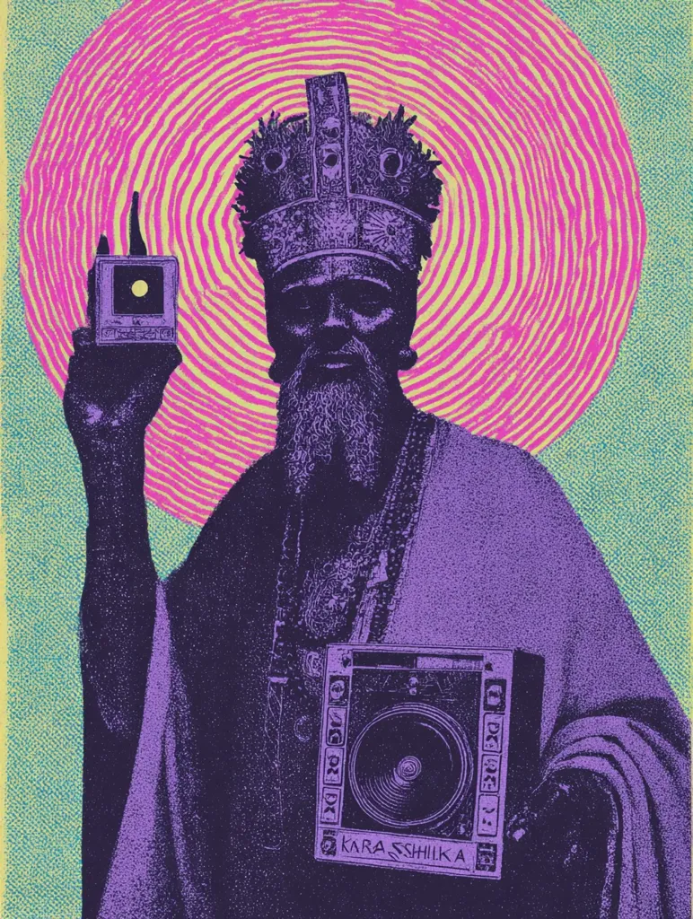 A stylized portrait of a regal figure, adorned with a crown and ornate clothing, is depicted in vibrant purple and teal tones.  The figure holds a vintage television in one hand and a boombox in the other, set against a swirling pink and yellow circular backdrop.  The overall style is reminiscent of psychedelic art or a record album cover, with a textured, grainy effect. The boombox is labeled "Kara Shika".