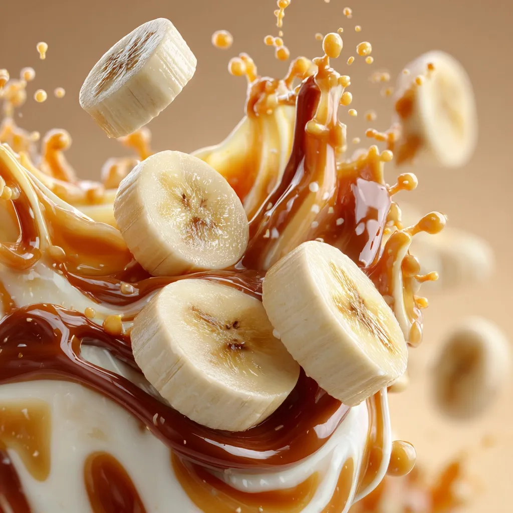 A vibrant image showcases banana slices suspended within a dynamic splash of caramel sauce.  The creamy caramel swirls and droplets create a sense of motion and deliciousness.  The banana's pale yellow contrasts beautifully with the rich brown caramel, suggesting a decadent treat, possibly a milkshake or dessert.  Several banana slices are mid-air, adding to the overall lively and appetizing presentation.