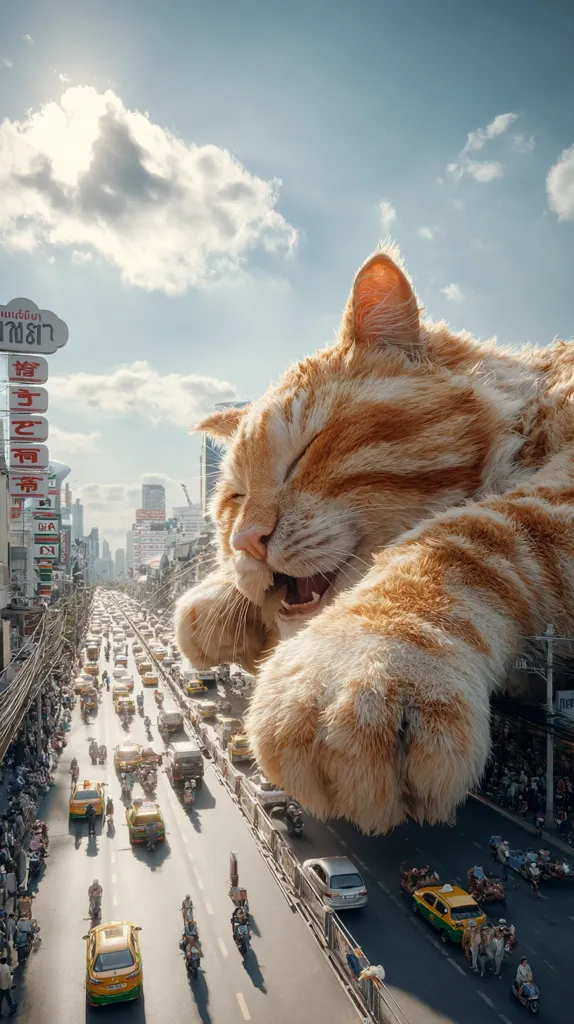 A giant ginger cat naps peacefully, its enormous paws resting gently on a bustling Bangkok street.  Cars and motorcycles flow around it, dwarfed by the feline's immense size.  The scene is a surreal juxtaposition of everyday life and fantastical proportions, the sunlit sky adding a vibrant backdrop to the whimsical image.