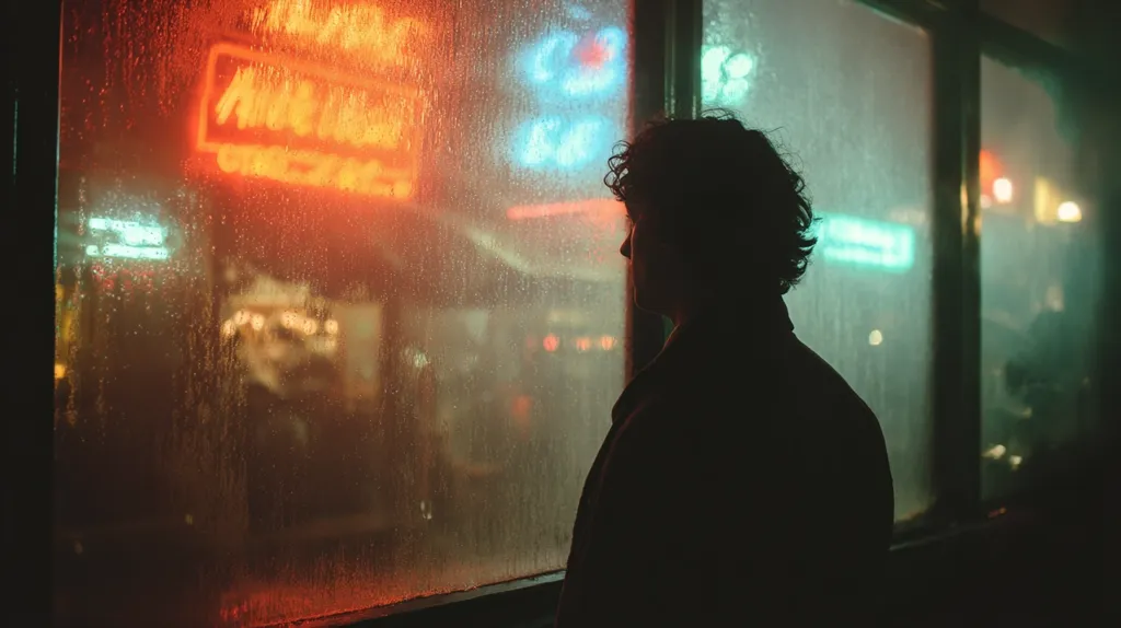 A silhouetted figure stands before a rain-streaked window, gazing out at a blurred cityscape at night. Neon signs glow with red and teal hues, reflecting on the wet glass. The scene evokes a sense of isolation and contemplation amidst the vibrant but indistinct urban environment.  The rain obscures the details of the city, adding to the mysterious atmosphere.