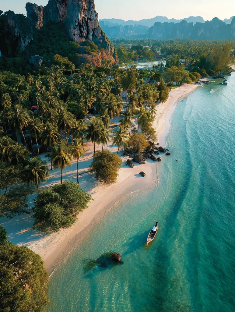 An aerial view showcases a pristine tropical beach nestled beneath towering limestone cliffs.  Lush palm trees line the white sand shore, bordering turquoise waters. A longtail boat gently floats in the clear ocean, creating a serene and idyllic scene. The vibrant colors and tranquil atmosphere evoke a sense of paradise.