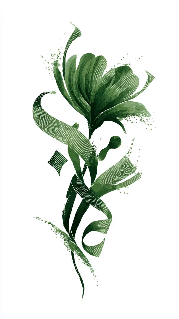 An abstract watercolor painting depicts a stylized green flower.  The petals and stem are rendered with textured brushstrokes, incorporating a pattern reminiscent of circuitry.  The overall effect is a blend of organic and technological elements, creating a visually striking and unique floral design. The image is set against a clean white background, emphasizing the artwork's detail and vibrancy.