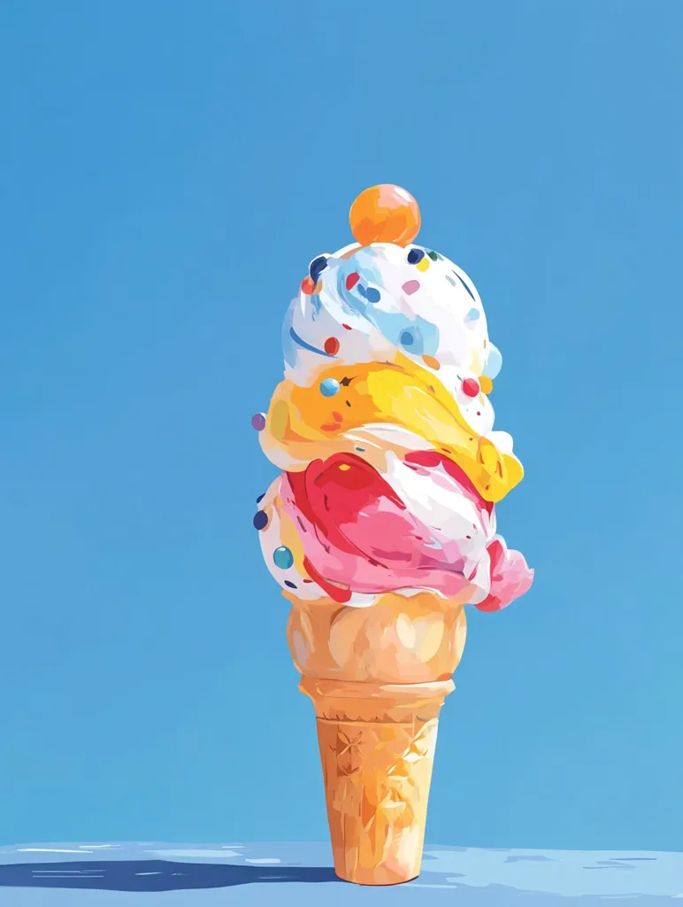 A vibrant, stylized illustration depicts a three-scoop ice cream cone against a bright blue sky.  The scoops are white, yellow, and pink, generously sprinkled with colorful candy. A single orange candy sits atop the creamy confection, creating a cheerful summer scene. The waffle cone is detailed, adding texture to the otherwise smooth, almost painted, ice cream. The overall style is bold and playful.