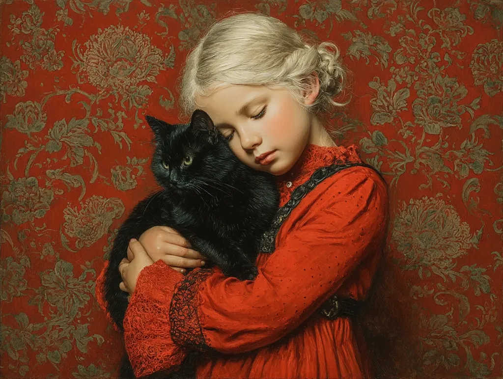 A young girl with blonde hair, styled in a bun, gently cradles a black cat. She is dressed in a long-sleeved red dress with black lace detailing at the cuffs.  Her eyes are closed, suggesting a peaceful moment of connection with her feline companion. The richly colored backdrop features a detailed floral pattern in shades of red and gold. The painting evokes a sense of warmth and intimacy.