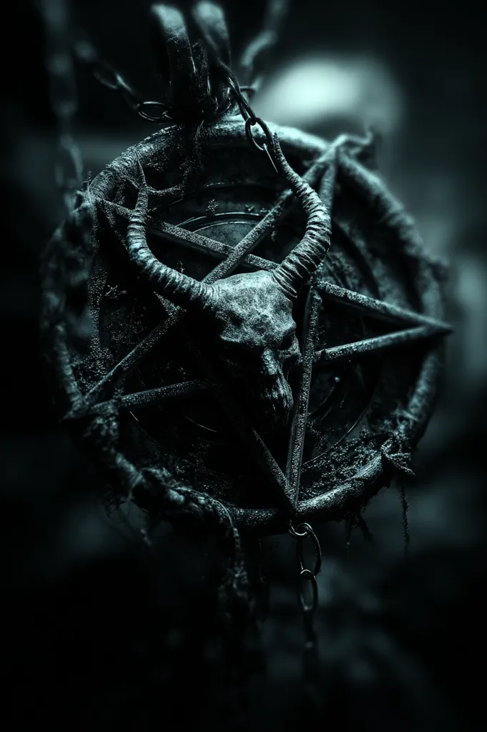 A dark, ominous image depicts a pendant shaped like a pentagram.  A skull with horns is at its center, the whole piece appearing aged, covered in dust and grime, and hanging from a chain. The overall aesthetic is gothic and macabre, suggestive of occult or satanic imagery.  The dark, shadowy background enhances the unsettling mood.