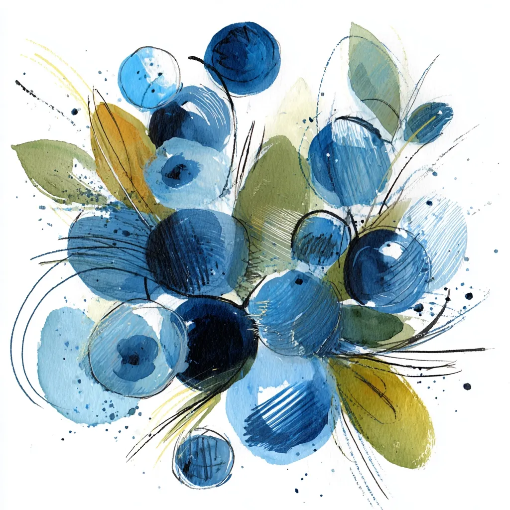 An abstract watercolor painting depicts a cluster of blueberries.  Blues and greens dominate, with hints of gold in the foliage.  The berries are rendered as loose, overlapping circles, creating a sense of depth and movement.  Black ink lines add texture and definition, enhancing the overall abstract floral composition.  The style is expressive and evocative, rather than strictly representational.