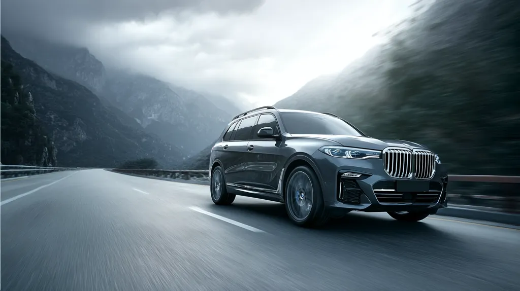 A dark gray BMW X7 SUV speeds along a highway winding through a mountainous region.  The road is wet, and the backdrop is a dramatic, misty mountain range. The car is in sharp focus, showcasing its sleek design and powerful presence against the blurred background.  The overall mood is one of dynamic movement and luxurious travel.