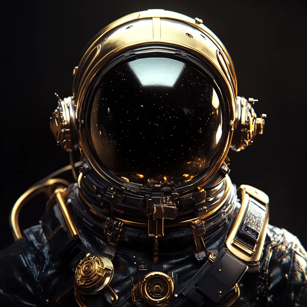 Close-up view of an astronaut's helmet and upper torso. The helmet is gold with a dark visor reflecting a starry expanse. The suit is predominantly black leather with gold accents on the buckles, straps, and other mechanical details.  The image has a dark, dramatic, and highly stylized aesthetic.  The overall impression is one of luxury and futuristic space exploration.