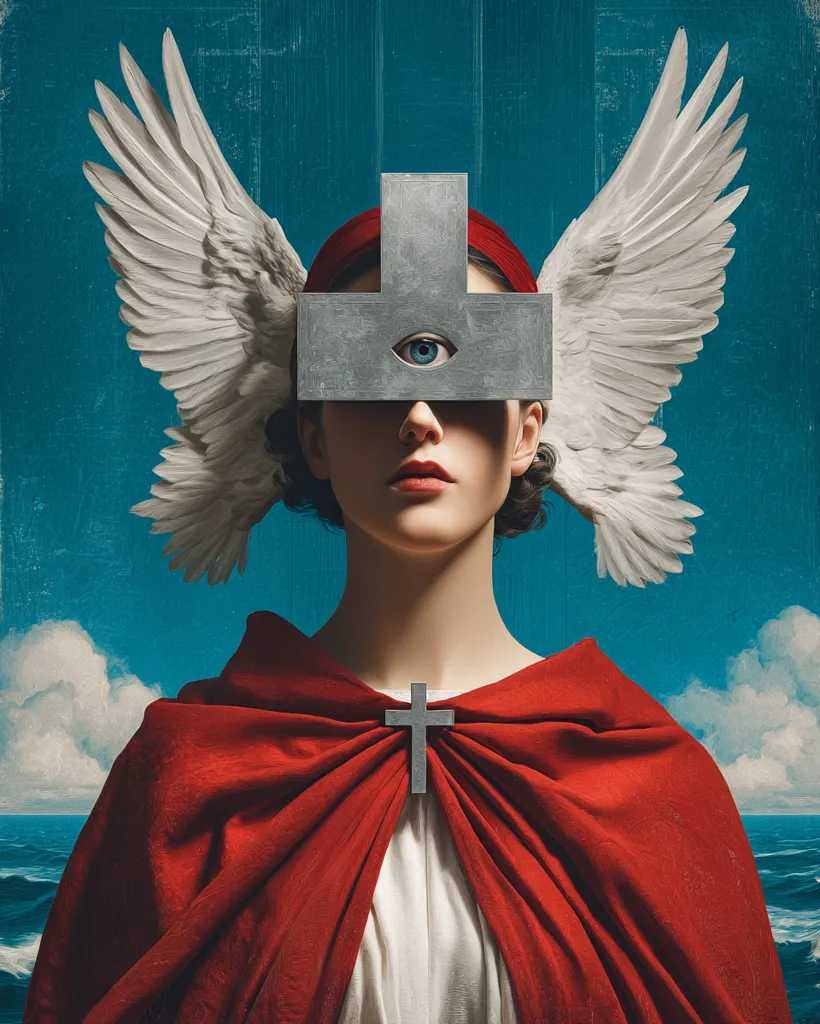 A woman, cloaked in red and adorned with large white wings, is the focal point of a surreal portrait.  A metallic, cross-shaped mask obscures her eyes, revealing only a single, all-seeing eye at its center.  The backdrop is a stylized seascape, enhancing the mysterious and spiritual aura of the image.  The overall aesthetic blends religious symbolism with a touch of modern art.