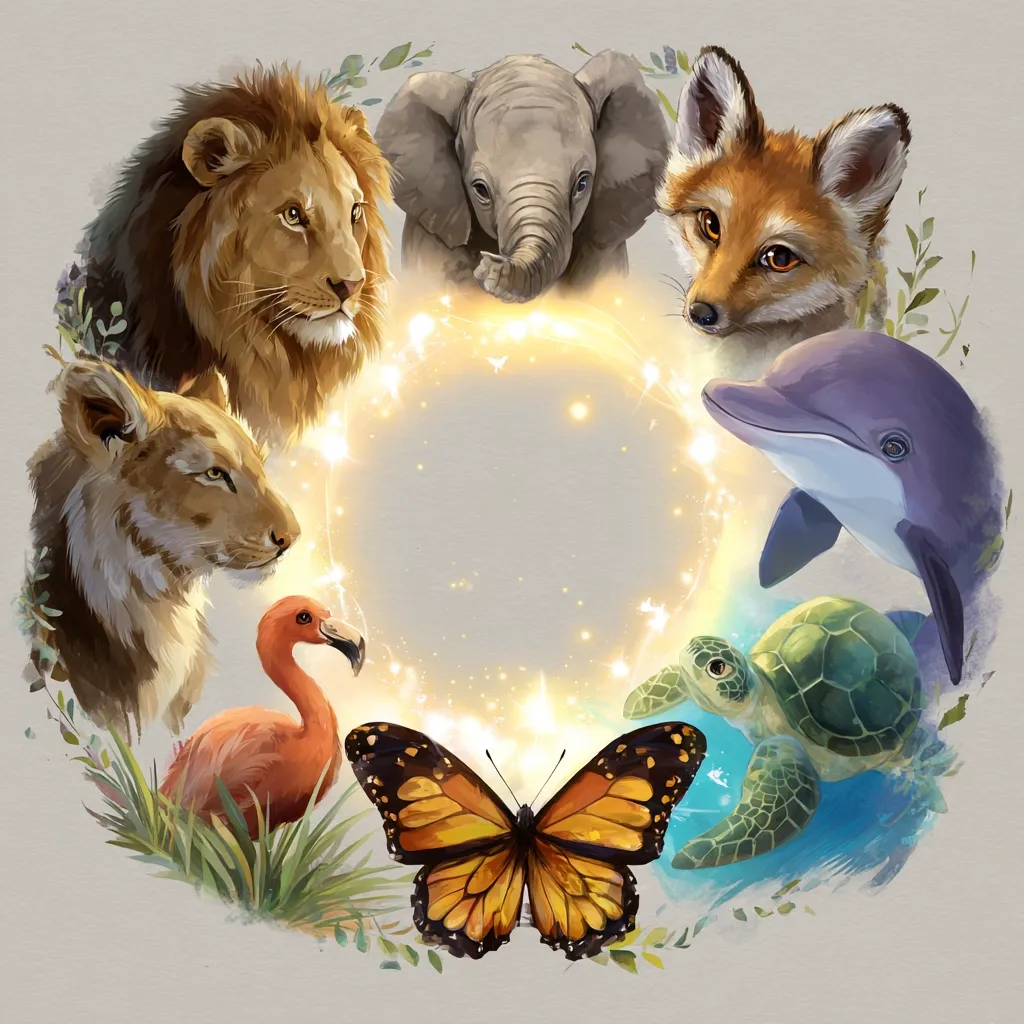 A vibrant illustration showcases a diverse array of animals arranged in a circle around a luminous center.  A lion, lioness, elephant, fox, dolphin, flamingo, sea turtle, and monarch butterfly are depicted, each rendered with lifelike detail and surrounded by lush greenery.  The scene evokes a sense of unity and the beauty of the natural world.