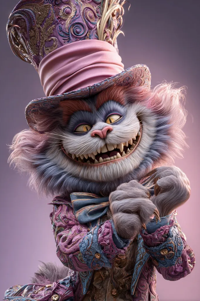 A whimsical digital rendering of the Cheshire Cat, adorned in an ornate, pink and purple top hat and jacket.  His fur is a blend of gray, blue, and pink hues.  He sports a mischievous grin, revealing sharp teeth, and his paws are clasped together. The detailed clothing and textured fur create a realistic yet fantastical appearance. The overall style evokes classic fairytale illustrations.