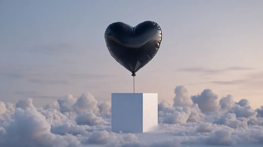 A black heart-shaped balloon floats above a white cube, which rests on a sea of fluffy clouds beneath a pastel sky.  The scene is serene and minimalistic, suggesting a feeling of ethereal lightness and perhaps melancholic beauty. The contrast between the dark balloon and the light surroundings is striking.