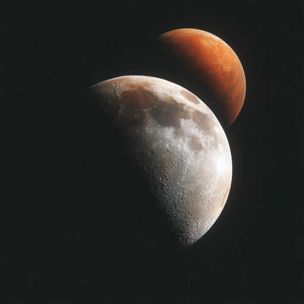 A captivating image showcases two celestial bodies against a stark black backdrop.  The larger body, predominantly gray with subtle hints of brown, exhibits a cratered surface characteristic of a moon.  Partially overlapping, a smaller, reddish-orange celestial body suggests a planet or another moon, creating a visually striking juxtaposition of textures and colors in the vastness of space.