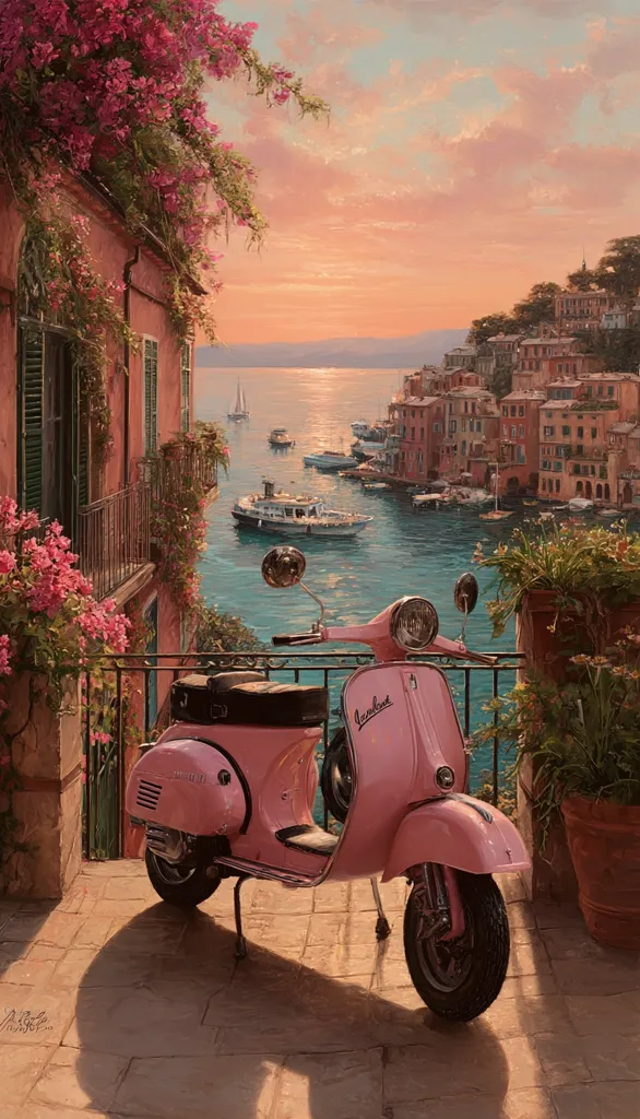 A pink Vespa scooter sits on a stone patio overlooking a picturesque Italian coastal town at sunset.  Pink bougainvillea blooms cascade from a building, framing the scene.  The calm water reflects the warm light, with boats gently bobbing in the harbor.  The overall impression is one of serene beauty and idyllic Mediterranean charm.