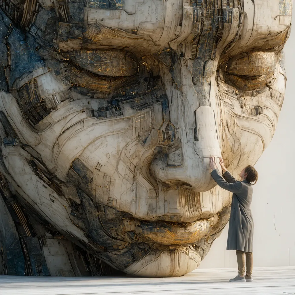 A colossal, intricately detailed face sculpture dominates the scene.  Its weathered, beige surface reveals underlying mechanical components, suggesting a fusion of organic and artificial elements.  A person stands dwarfed by the monumental artwork, their hands gently touching the sculpture's massive nose, creating a striking scale contrast. The overall aesthetic blends futuristic technology with classic sculptural forms.