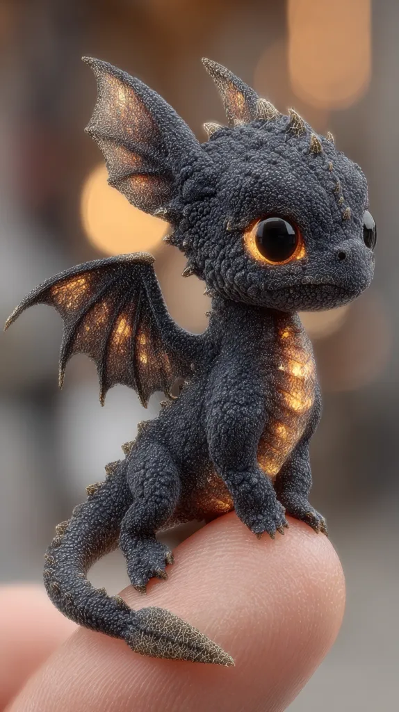 A tiny, adorable baby dragon rests on a finger.  Its dark grey scales shimmer with golden highlights, particularly along its spine and wings.  Large, expressive eyes and small horns add to its charming appearance. The dragon's tail curls gracefully, completing its miniature form. The background is softly blurred, focusing attention on the captivating creature.