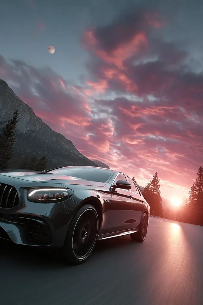 A sleek, dark-colored Mercedes-Benz sedan drives along a winding road, mountains in the background.  The sky is ablaze with vibrant pink and orange hues of a dramatic sunset, while a full moon hangs in the twilight sky.  The scene is peaceful yet dynamic, highlighting the car's luxury and the beauty of the natural setting.