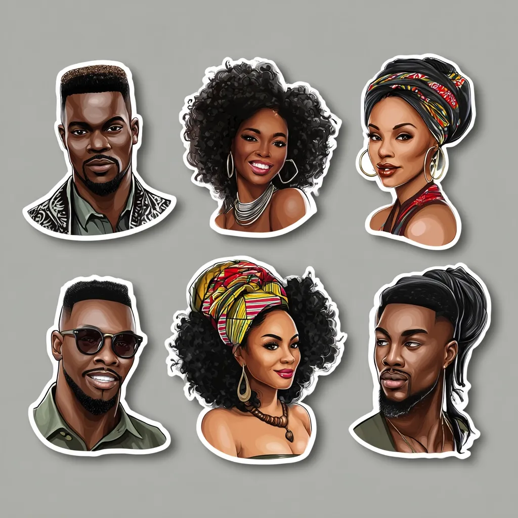 Six stylized portraits of Black individuals, three men and three women, are arranged in a grid.  The women wear vibrant head wraps and jewelry, while the men sport various hairstyles.  Each portrait is digitally rendered with bold features and a glossy finish, presented on individual white sticker-like backgrounds. The overall style is contemporary and celebrates Black beauty.