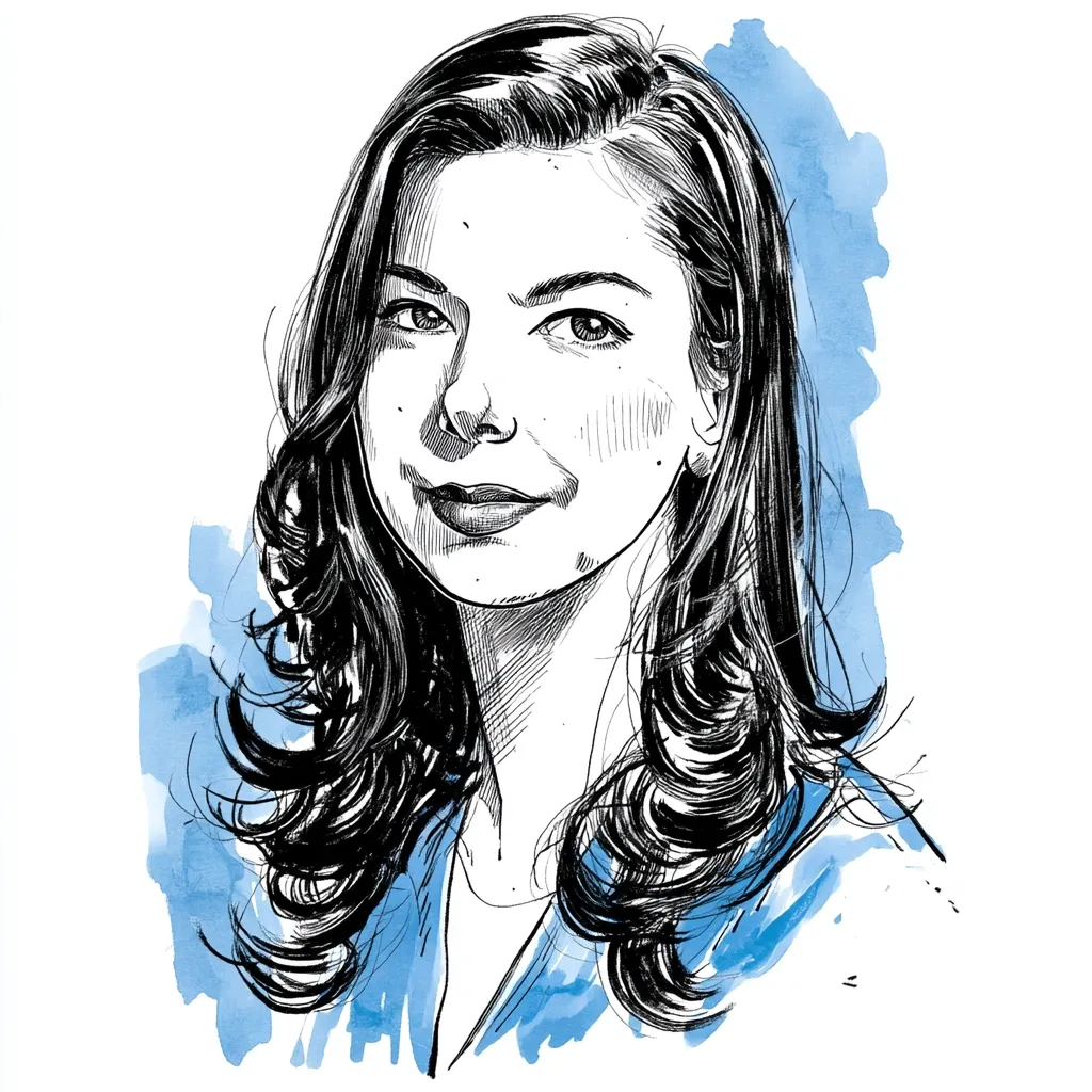 A stylized ink and watercolor portrait of a woman with long, dark, wavy hair.  She's depicted from the chest up, wearing a blue top. Her expression is pleasant and calm, with a soft smile. The background features a light blue watercolor wash, adding a soft and artistic feel to the illustration.  The style is expressive and emphasizes her features with distinct lines and shading.