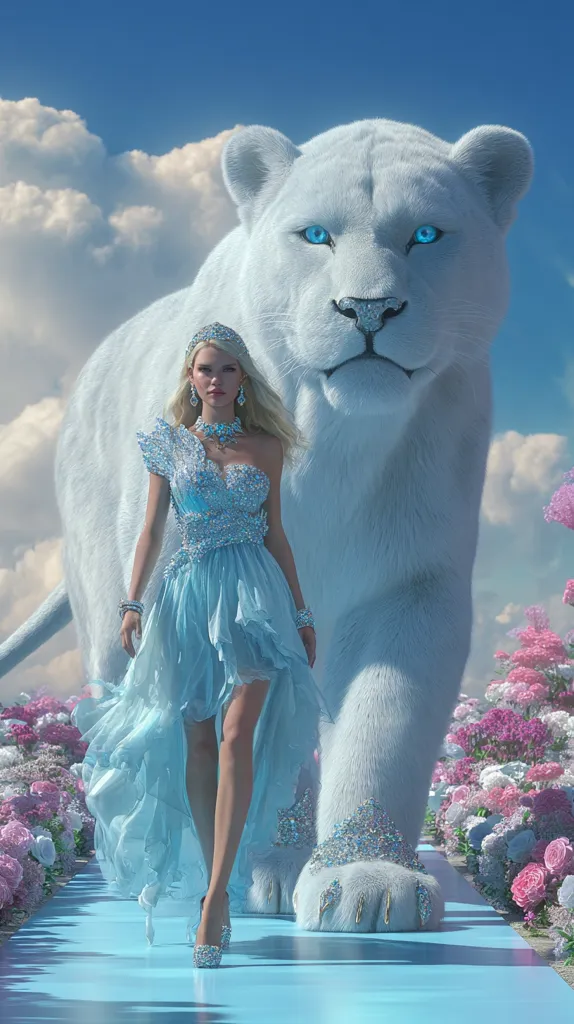 A blonde woman in a light blue, sequined gown walks alongside a majestic, white lion with piercing blue eyes.  They stroll down a path lined with vibrant pink and white flowers under a bright blue sky. The scene is digitally rendered, creating a fantastical and surreal atmosphere.  The woman's elegant attire and the lion's regal presence suggest a fairytale or fantasy setting.
