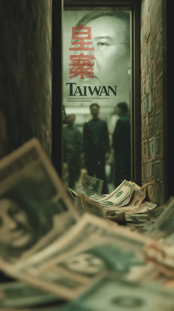 A movie poster for "Taiwan" is seen through a window, partially obscured by scattered US dollar bills.  The poster features a large, close-up image of a man's face, alongside Chinese characters.  Blurred figures stand behind the poster, suggesting a scene from the film. The overall mood is dark and gritty, emphasizing the monetary theme.