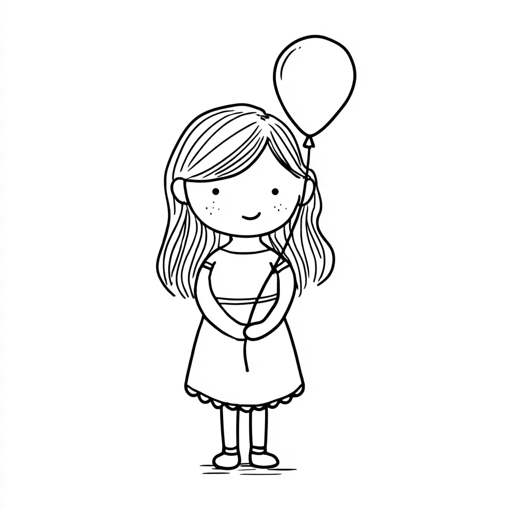 A cute cartoon girl with long hair and freckles stands holding a single balloon. She's wearing a simple dress and shoes. The drawing is in black and white, with a simple, childlike style. The girl's expression is happy and peaceful.  The overall image is sweet and innocent.