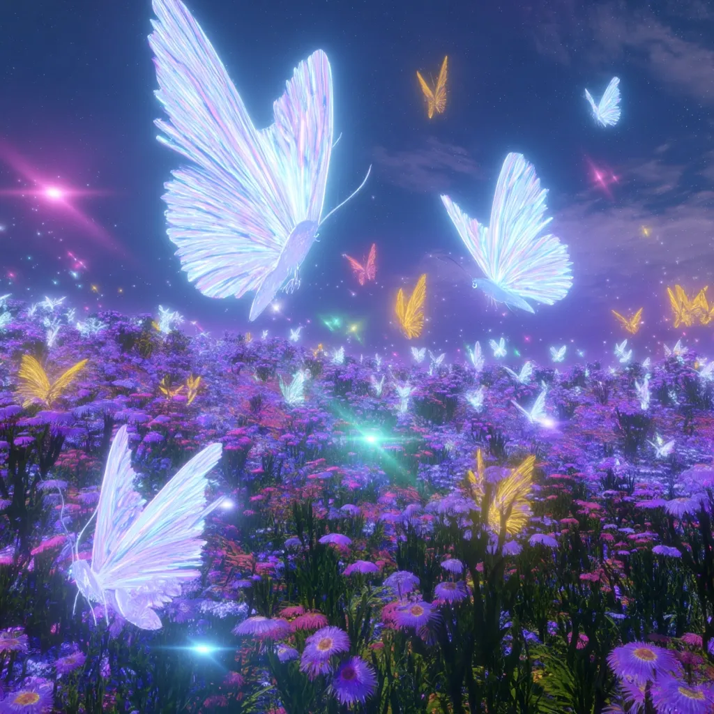A field of vibrant purple flowers is alive with iridescent butterflies.  Glowing, ethereal insects in shades of pastel blue, pink, and gold flutter amongst the blossoms under a twilight sky.  The scene is dreamlike and magical, with shimmering lights adding to the otherworldly ambiance.  Numerous butterflies of varying sizes populate the image, creating a sense of movement and abundance.