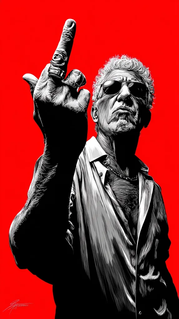 A stylized black and white illustration of Keith Richards against a bold red background.  He is depicted giving the middle finger, wearing sunglasses and a collared shirt.  His weathered face and signature style are prominently featured in this high-contrast, graphic artwork. The image evokes a rebellious and iconic image of the Rolling Stones guitarist.