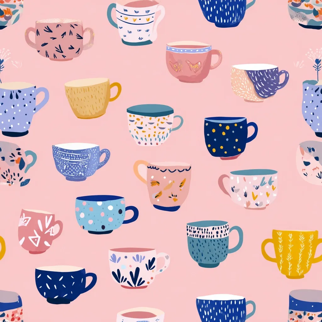 A seamless pattern featuring a variety of colorful teacups on a pink background.  Each cup boasts a unique design, incorporating dots, lines, floral motifs, and abstract shapes in a range of pastel hues and bolder navy and mustard tones. The playful and whimsical illustration creates a cheerful, repetitive design ideal for fabric, wallpaper, or wrapping paper.