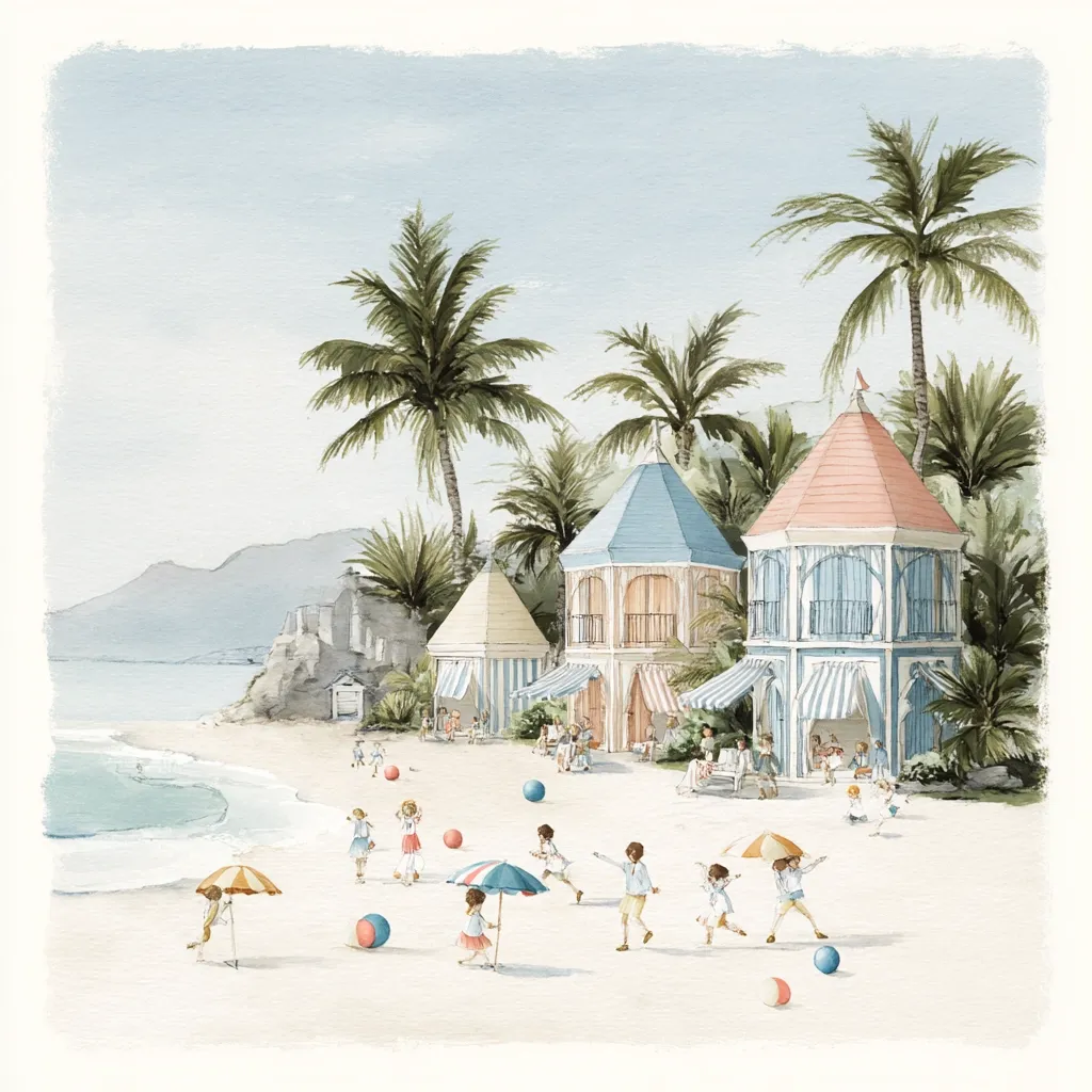 A watercolor painting depicts a tranquil beach scene. Children playfully chase beach balls near charming pastel-colored beach cabanas nestled amongst lush palm trees. The calm ocean gently laps the shore, creating a serene atmosphere.  Mountains are visible in the background, completing this idyllic coastal setting.  The overall style is whimsical and peaceful.