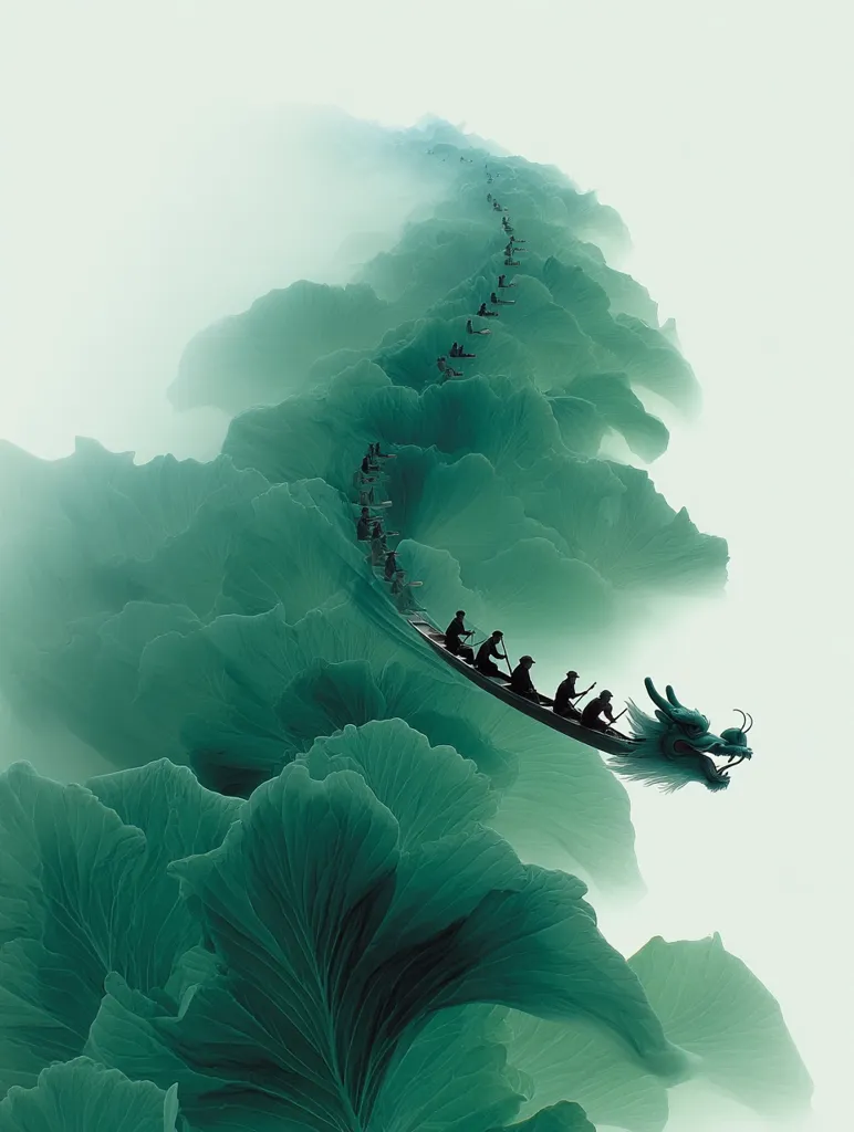 A dragon boat, carrying rowers, glides through a surreal landscape of giant, jade-green cabbage leaves.  The leaves form undulating waves, creating a mystical and ethereal atmosphere.  The scene is misty and serene, suggesting a dreamlike or fantastical setting.  A long procession of boats trails behind, diminishing into the fog.  The image is a blend of realism and fantasy, with strong visual impact.