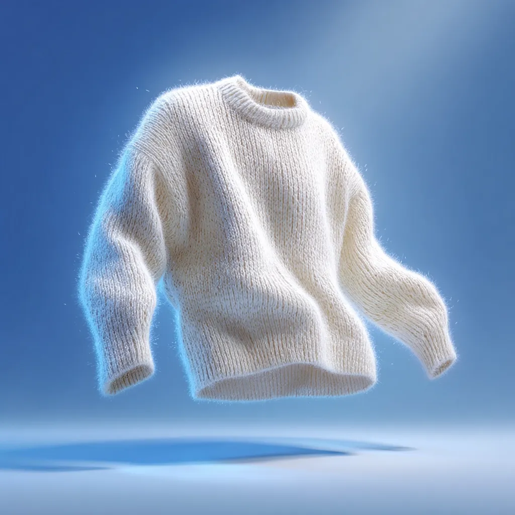 A creamy white, oversized knit sweater floats against a vibrant blue backdrop.  The soft, fluffy texture of the yarn is emphasized by the lighting, highlighting its relaxed fit and long sleeves. The sweater appears lightweight yet warm, suggesting comfort and coziness.  The image's minimalist style focuses attention on the garment's appealing texture and gentle drape.