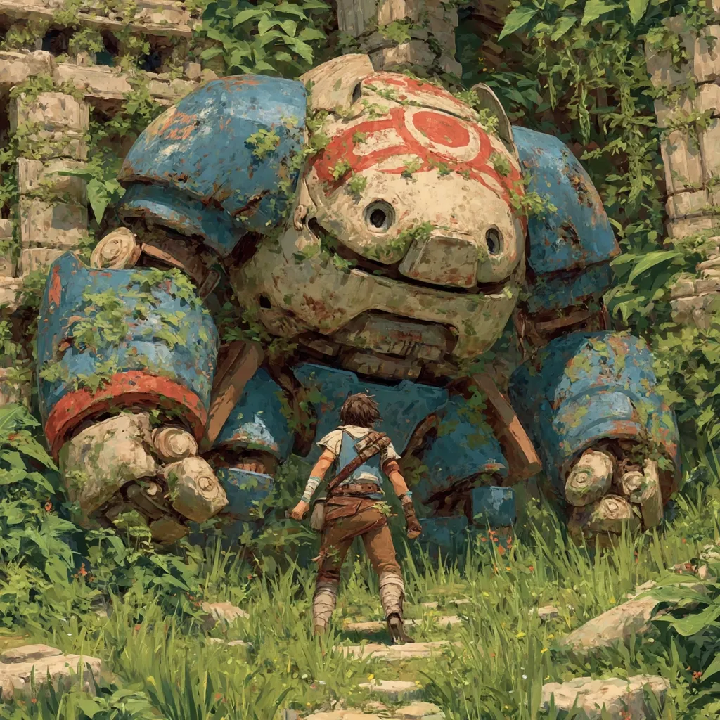 A young adventurer stands before a colossal, weathered mech, partially overgrown with vegetation. The robot, a blend of blue and beige, has a large, almost friendly face.  The scene is set amidst ancient stone ruins overtaken by lush jungle foliage, creating a captivating contrast between technology and nature. The overall style evokes a sense of mystery and adventure.