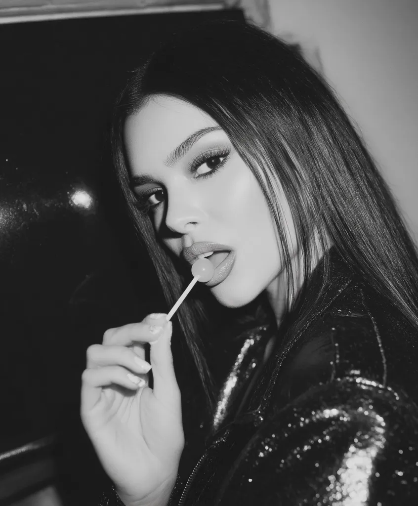 A black and white close-up shot of a young woman with long dark hair. She's wearing a sequined jacket and is seductively holding a lollipop to her lips. Her makeup is subtly dramatic, enhancing her features.  The image has a moody, glamorous feel.