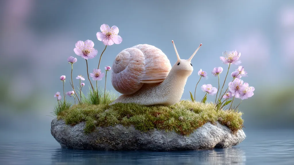 A snail with a light beige shell and body gracefully traverses a small, moss-covered rock.  Delicate pink flowers sprout from the rock, creating a serene scene. The rock floats gently on calm, reflective water, enhancing the tranquil, almost ethereal atmosphere of the image. The overall effect is one of peaceful beauty and natural harmony.