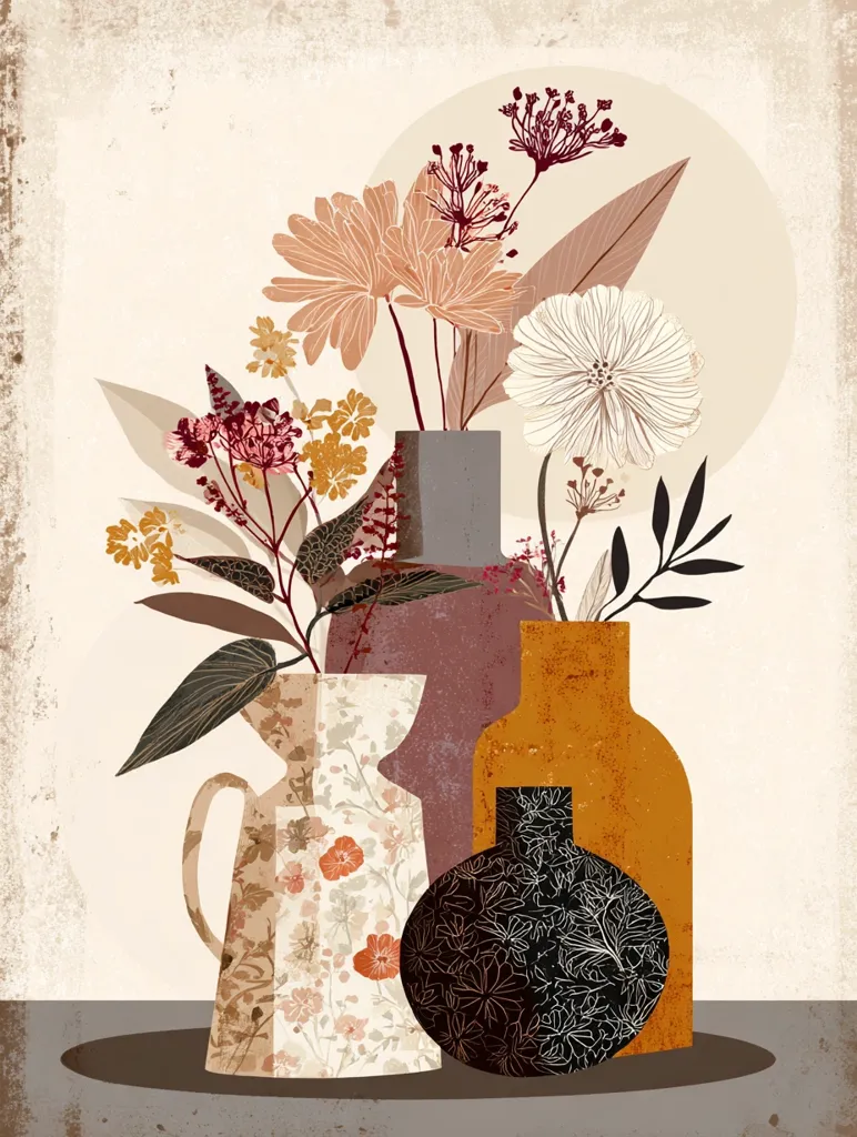 A stylized still life features a trio of vases holding a bouquet of autumnal flowers.  The vases are in muted earth tones: a patterned cream pitcher, a rusty orange bottle, and a dark, ornate vessel.  The flowers are depicted in a graphic style, with muted peach, burgundy, and white blooms against a textured off-white background, creating a calm and sophisticated aesthetic.  A subtle sun or moon adds warmth.