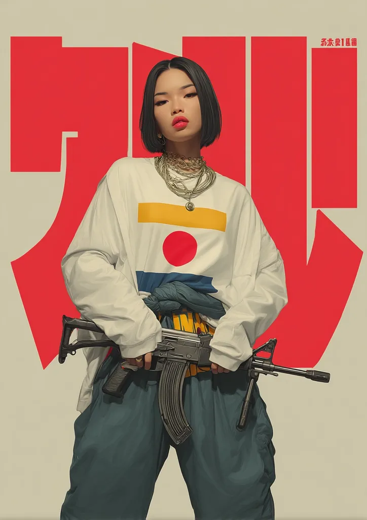 A stylized portrait of a young woman with short black hair, wearing a cream-colored long-sleeved shirt with a graphic design featuring a red circle, and teal cargo pants.  She holds an assault rifle, her expression is serious. The background features large, bold, red geometric shapes, suggesting a graphic design or poster style. The overall aesthetic blends streetwear fashion with a bold, graphic art style.