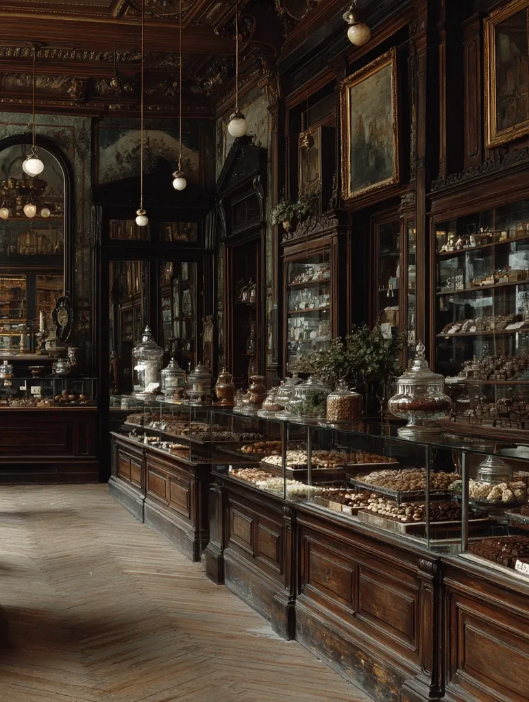 A captivating image of an antique confectionery shop.  Rich, dark wood showcases rows of delectable treats under glass, illuminated by soft pendant lights.  Ornate molding and aged walls create a luxurious atmosphere. The herringbone floor and antique mirrors add to the old-world charm, creating a sense of timeless elegance and exquisite craftsmanship.