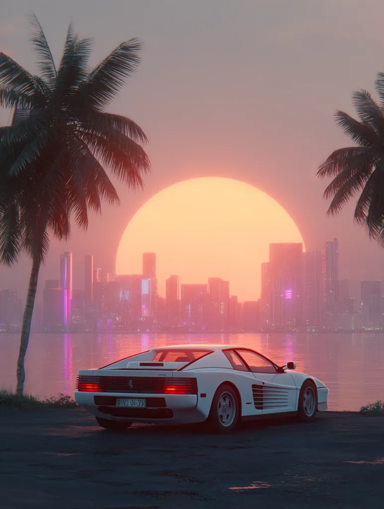A white Ferrari Testarossa is parked by the ocean at sunset.  Palm trees frame the scene, with a vibrant, retro-futuristic cityscape visible in the distance. The large, orange sun dominates the sky, creating a nostalgic, 1980s aesthetic.  The overall mood is one of calm and stylish luxury.