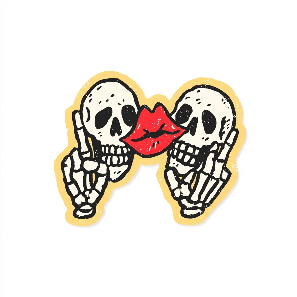 A sticker features two cartoon skulls, seemingly engaged in a kiss, with a large red lip forming the kiss between them.  Each skull has skeletal hands, one gesturing with a finger to its lips.  The style is vintage, with a distressed, textured effect on a pale yellow background, giving it a slightly grungy aesthetic.