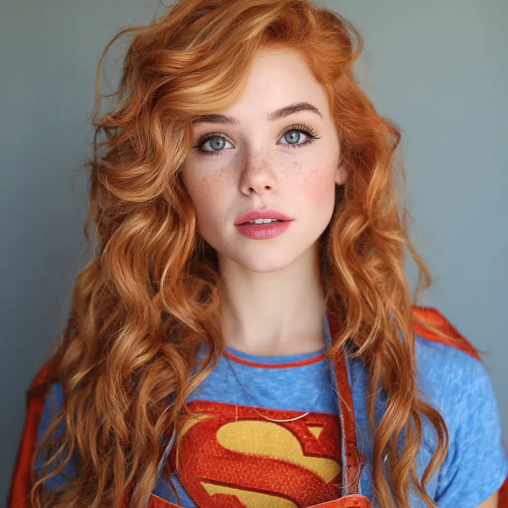 A young woman with vibrant red, curly hair and light blue eyes looks directly at the camera.  She has freckles and is wearing a light blue t-shirt with a Superman logo.  Her expression is serious and captivating, framed by her flowing locks.  A hint of a red cape is visible at her shoulders. The overall aesthetic is a blend of beauty and subtle superhero styling.