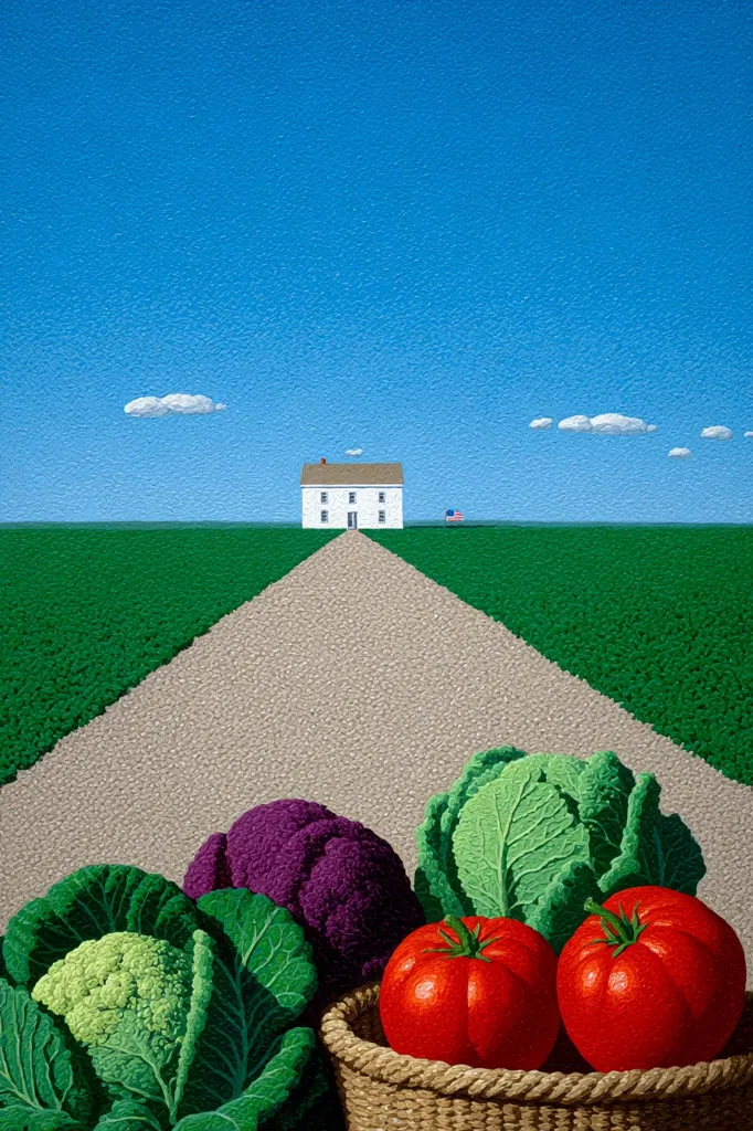 A vibrant painting depicts a long road leading to a white farmhouse under a clear blue sky.  Green fields flank the road. In the foreground, a woven basket holds ripe red tomatoes and various cabbages, including a purple cauliflower, creating a juxtaposition of rural landscape and bountiful harvest.  The American flag is subtly visible near the house.