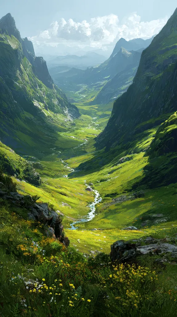 A vibrant green valley nestled between towering, verdant mountains.  A clear stream meanders through the lush meadow floor, snaking its way towards the distant horizon.  Wildflowers bloom in profusion along the valley slopes, adding splashes of yellow and white to the landscape.  The sunlit scene evokes a sense of peace and serenity in this idyllic, mountainous region.