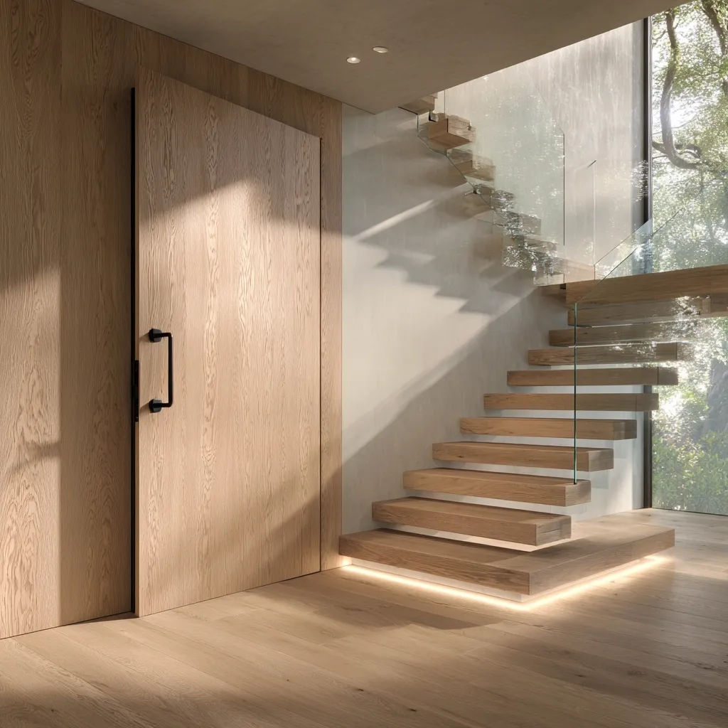 A minimalist interior features a light oak wood door and a floating staircase with glass railings. Sunlight streams through a large window overlooking a tree-lined landscape.  The staircase is illuminated by subtle LED strip lighting at its base, enhancing the clean, modern aesthetic of the space.  The overall design is serene and sophisticated.